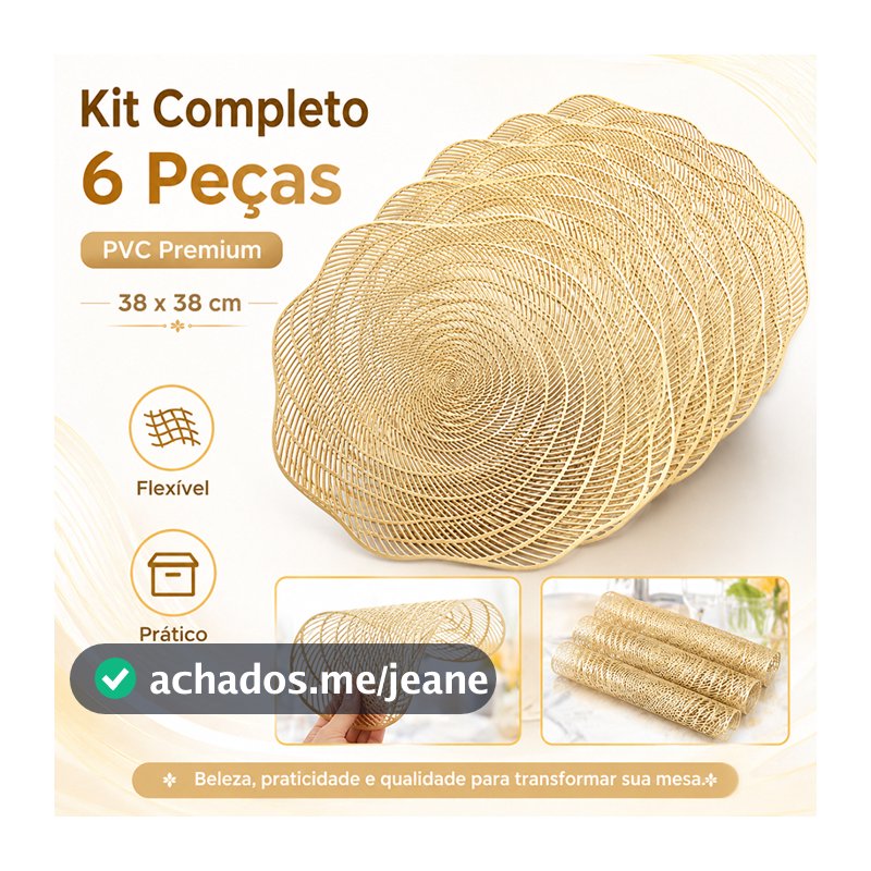 Kit 6 Jogo Americano Sousplat PVC Redondo Dourado Para Mesa de Cozinha Sala de Jantar