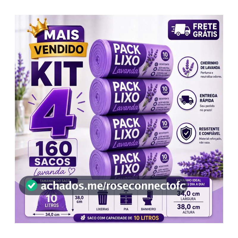 Kit 4 Rolos Saco de Lixo Perfumado Lavanda 10L 160 Sacos Resistente Pia Banheiro