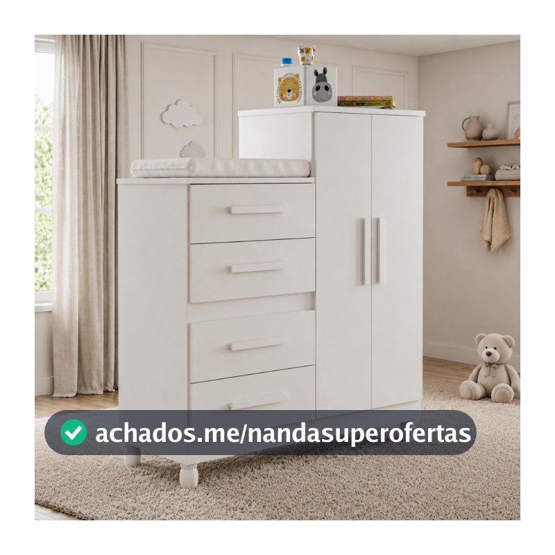 Cômoda Roupeiro Infantil 4 Gavetas com Porta e Cabideiro Trocador Bebê Branco Quarto Completo