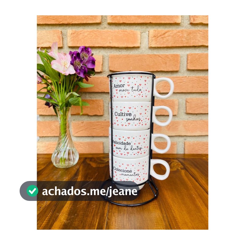 Jogo De 4 Xícara Café Chá Porcelana Branca Frases Motivacionais+ Suporte De Metal
