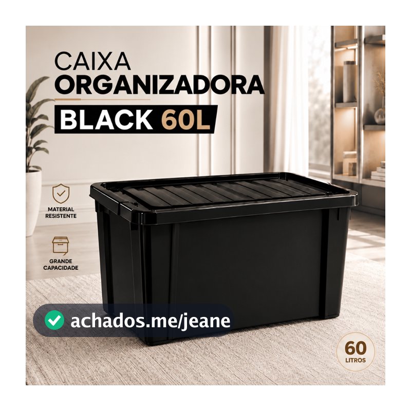 Caixa Organizadora Container Black e Fumê Trava 60 Litros Cesto Organizador Grande