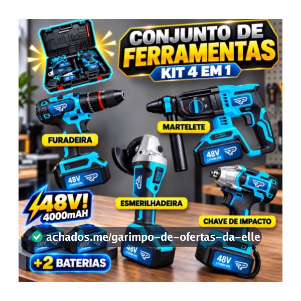 Kit 4 Ferramentas Elétricas Parafusadeira Chave de Impacto Martelete Esmerilhadeira 2 Baterias 48V