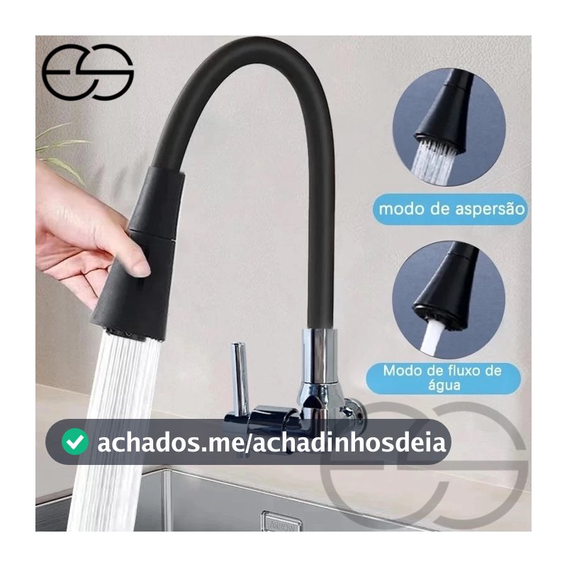 Torneira Gourmet Flexível Cozinha Parede Vertical Preto Prata ES