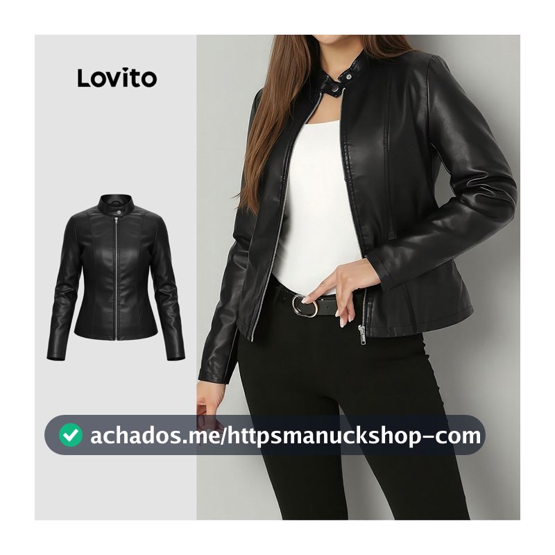 Lovito Jaqueta Casual com Zíper e Botões Preta Outono/inverno para Mulheres LK6LD412