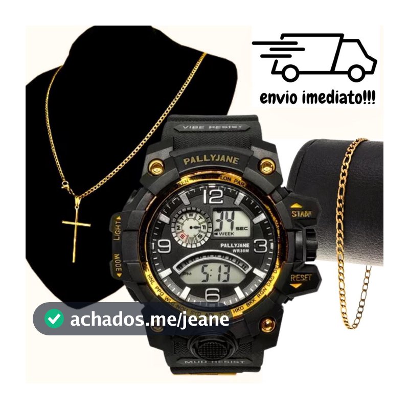 Kit Relógio Digital Esportivo Masculino + Corrente Cruz e Pulseira Aço Inoxidavel