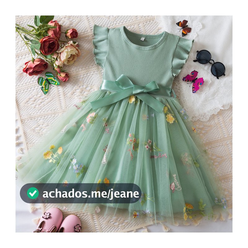WFRV Bebê Menina Verão 1º Aniversário Festa Malha Bordado Flor Ribbon Bow Doce e Bonito Casual Chiffon Vestido