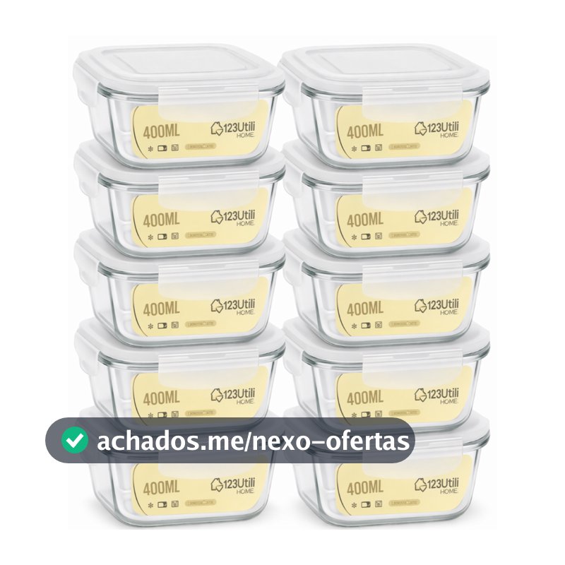 Kit Potes Herméticos Vidro 800ml, 600ml, 400ml e 310ml Marmita Refratária Tampa com Trava
