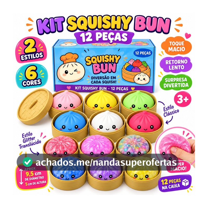 Squishy Bun Sensorial 2 Estilos 2 Tamanhos 6 Cores Brinquedo Macio Anti Estresse Retorno Lento 3+