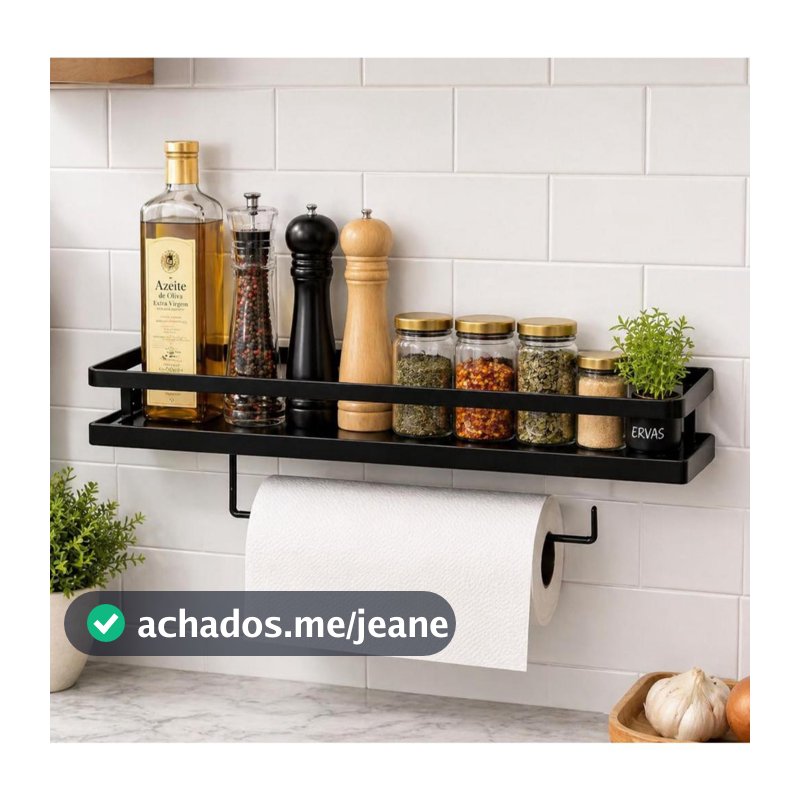 Porta Tempero e Papel Toalha de Parede Para Cozinha 50cm Preto Fosco  Metal Fácil Instalação
