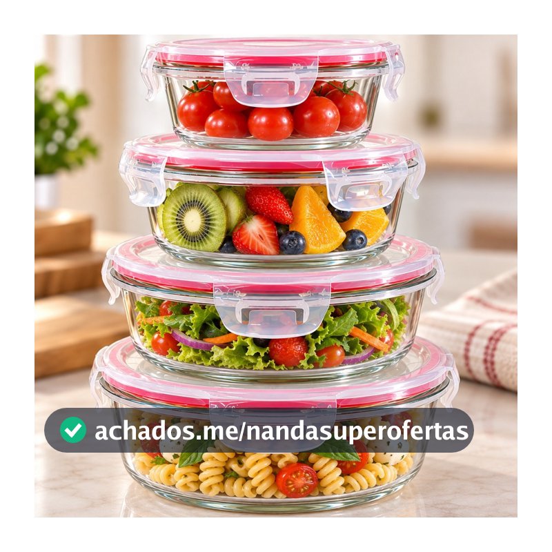 Kit 4 Potes Herméticos Vidro Redondo com Trava Micro-ondas Freezer