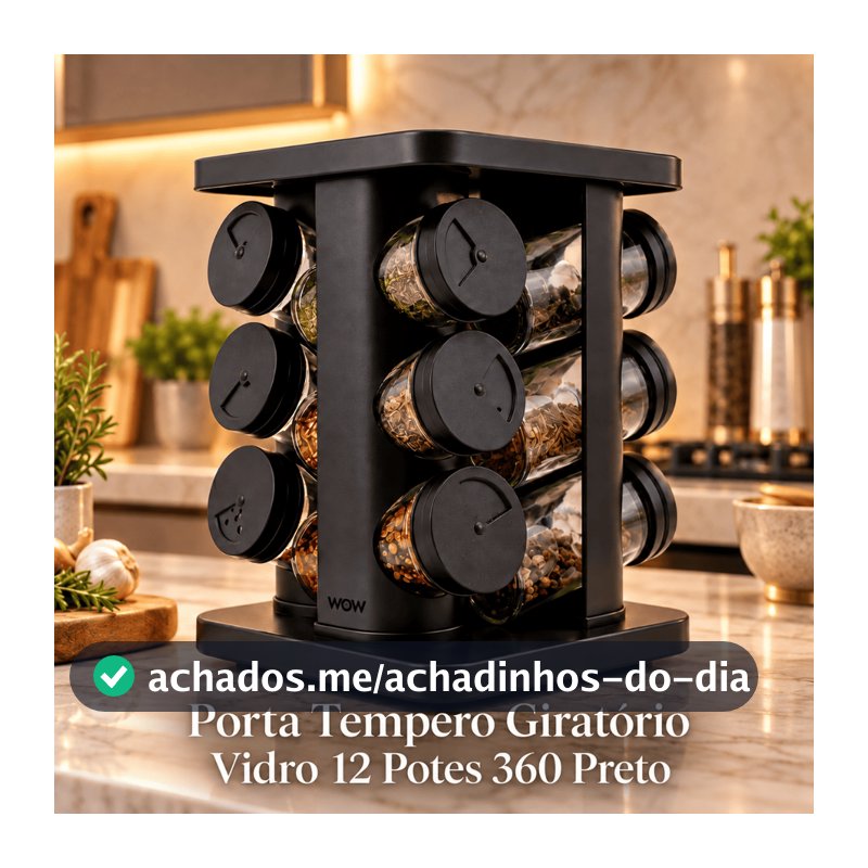 Porta Tempero Giratório Vidro 12 Potes 360 Preto