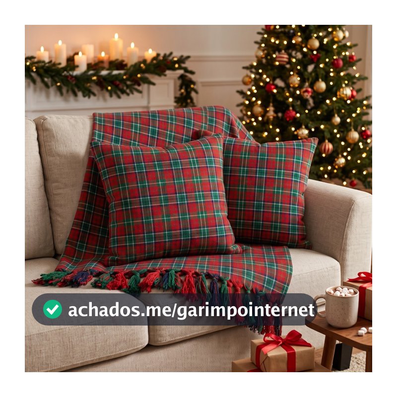 Kit Manta e Capa de Almofada Natalina Xadrez para Sofá e Poltronas em Tecido Jacquard Fio Tinto