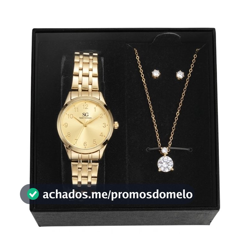 Kit Relógio Colar Brincos Dourado Feminino Saint Germain Delicado Elegante Luxuoso Dia a Dia