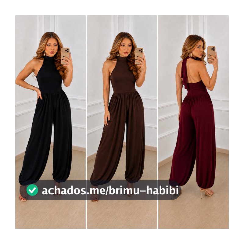 Macacão Longo Feminino Gola Alta Costas Abertas Elegante Amarração no Pescoço Chique