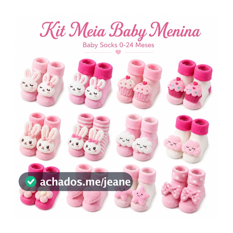 Kit Meias Baby Menina Antiderrapante 3/6/12 Pares Algodão Macio Ursinho Chocalho 6-12 Meses e 12-24 Meses Infantil