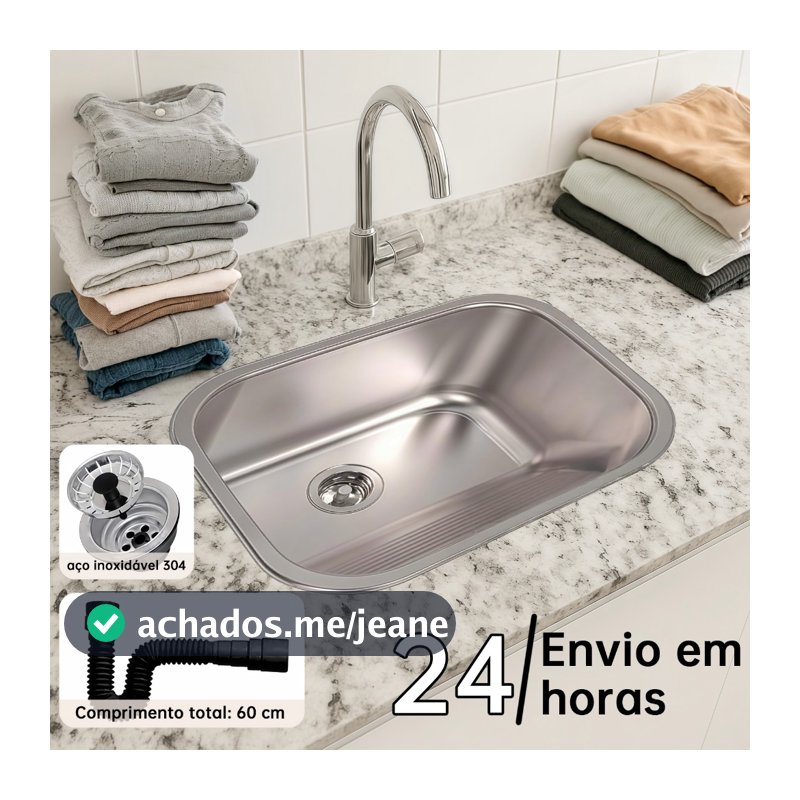 Tanque Lavanderia  Inox 304  44 X 44 Com Válvula Aço acabamento acetinado
