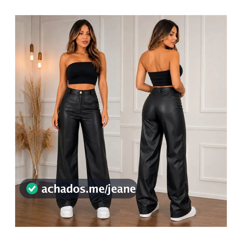 Calça Feminina Wide Leg Pantalona Couro Fake Premium Cintura Alta Preta