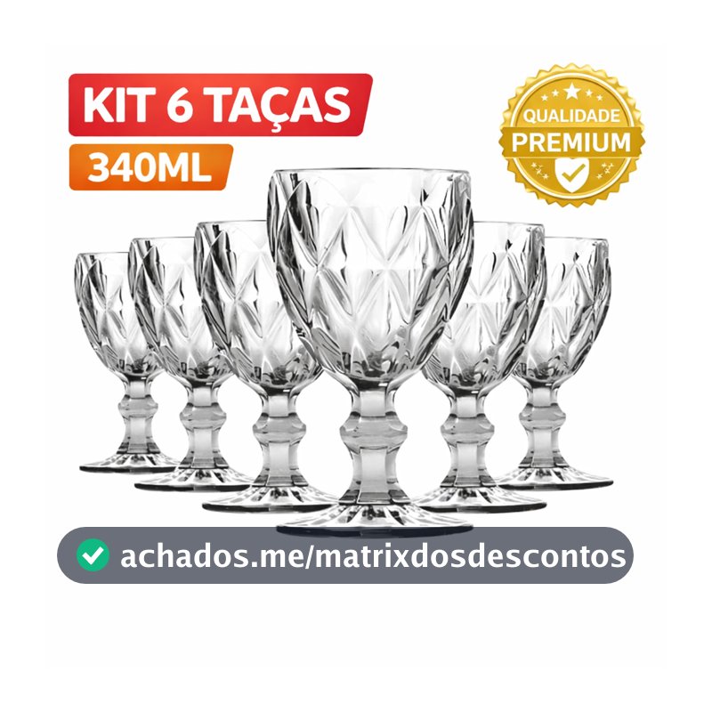 Jogo Taças de Vidro Diamante Bico de Jaca 340ml 6 Peças Premium Mesa Posta Luxo