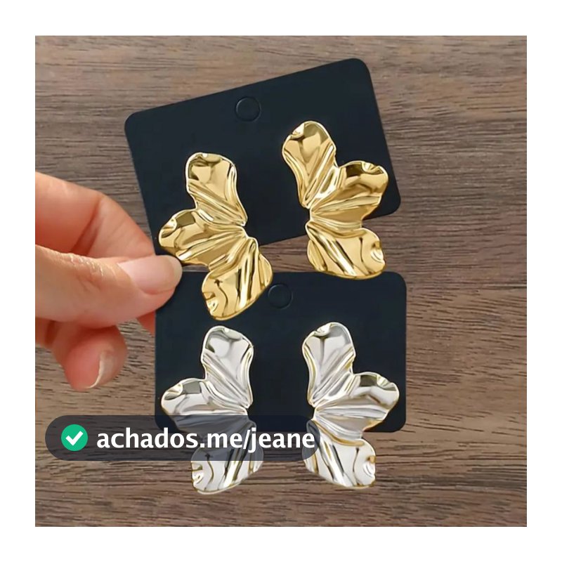 Brinco Meia Folha Pétala Martelado Flor Folheado à Prata925 e Ouro18k