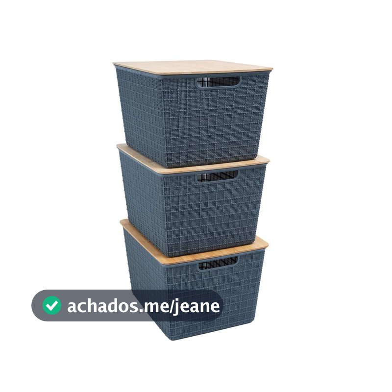 Kit 3 Caixas Organizadoras Tampa de Bambu 18l Cinza - Oikos