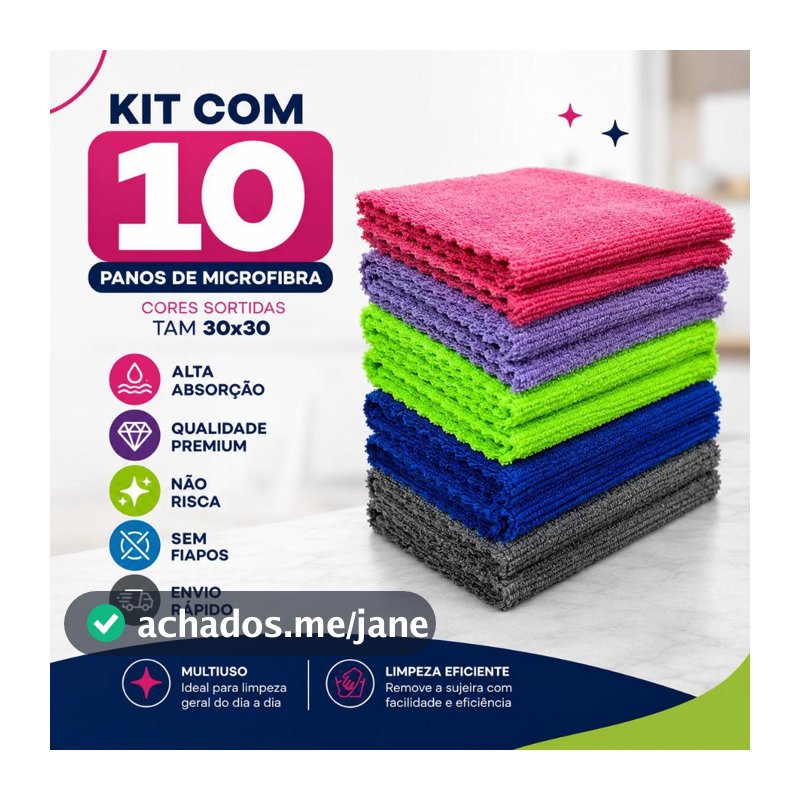 Kit 10 Panos Microfibra Alta Absorção Multiuso Não Risca Sem Fiapos Limpeza Casa Carro PM001-A