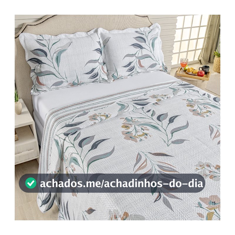 Kit Cobre Leito Colcha Casal Bouti 3 Peças Dupla Face Estampada Porta Travesseiro Aba Americana