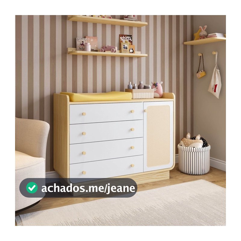 Cômoda 4 Gavetas e 1 Porta em Rattan Wave Casatema MadeiraOriginals Marrom/Branco