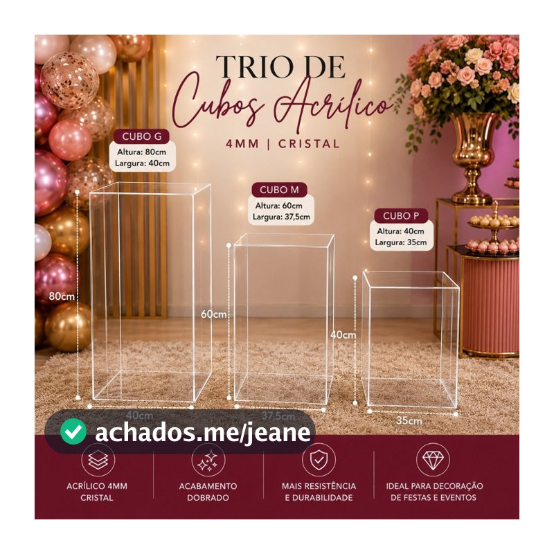 Kit Cubos de Acrílico 80cm/ 60cm/ 40cm - Trio Completo Transparente Decoração Eventos