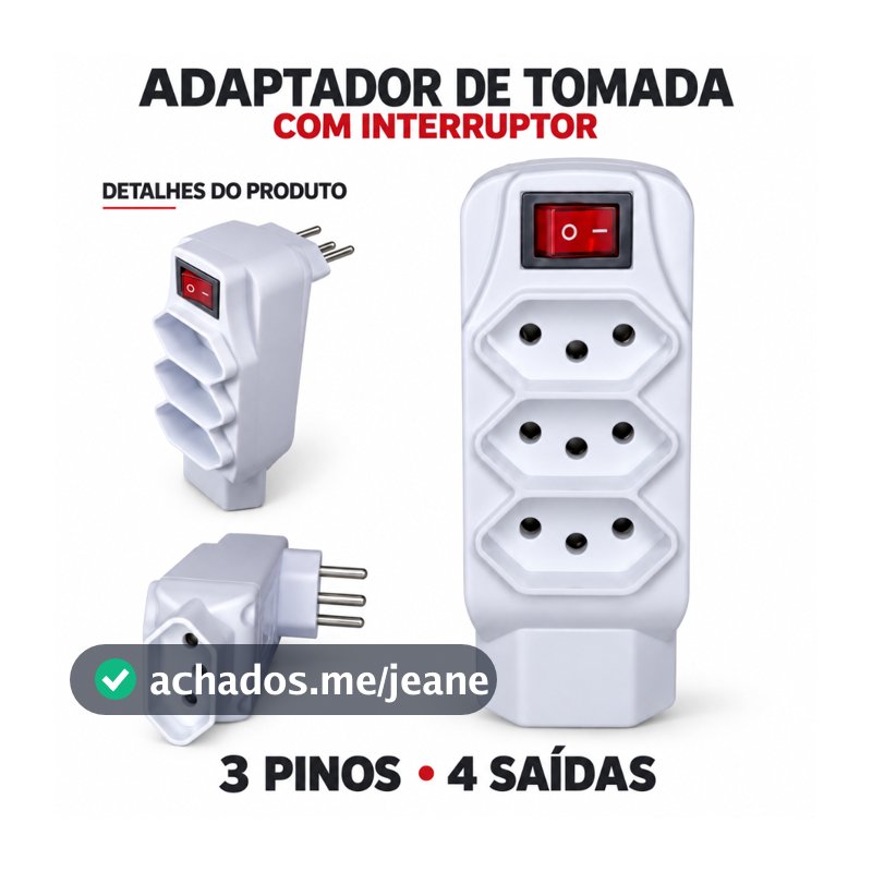 Adaptador de Tomada 3 Pinos com 4 Saídas e Interruptor Liga/Desliga