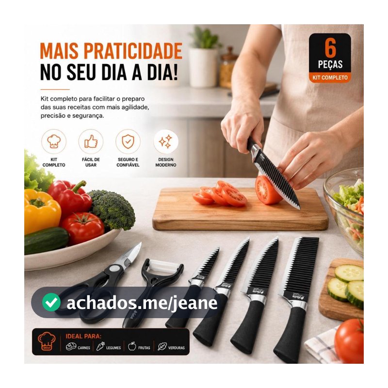 Kit de Facas Churrasco Profissional Antiaderente 6 Peças Jogo De Facas Gourmet Cozinha Moderna Cabo Cor Preto