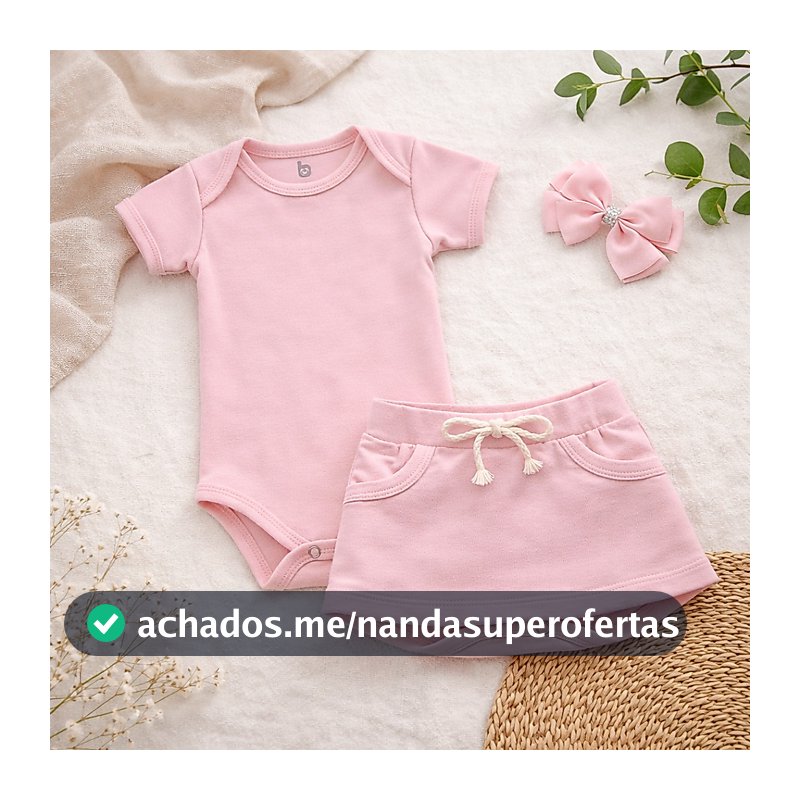 Conjunto de Bebê Menina Básico Dia a Dia Body + Saia + Laço 100% Algodão.