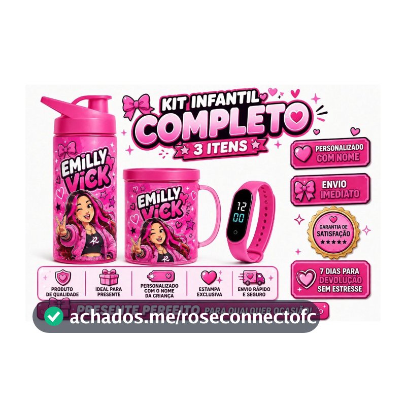 Kit Infantil Personalizado Emilly Vick 3 Itens – Garrafa 600ml com Bico + Copo com Alça + Relógio Digital Rosa