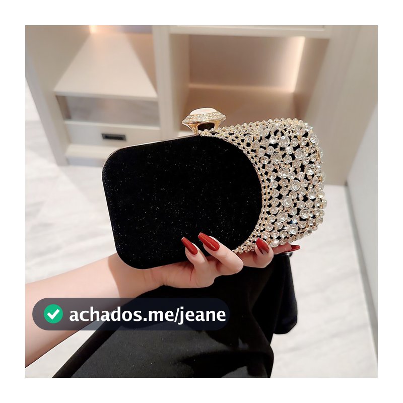Bolsa Clutch Feminina Preta com Strass Champanhe e Alça Removível para Jantares e Festas Y1119