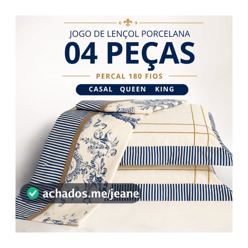Jogo de Lençol 04 Peças Casal Padrão, Queen ou King Percal 180 Fios Algodão Coleção Porcelana