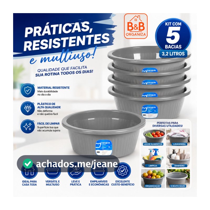 Kit 5 Bacias Multiuso Plásticas 3,2L Redondas Reforçadas Alta Durabilidade Para Cozinha e Lavanderia