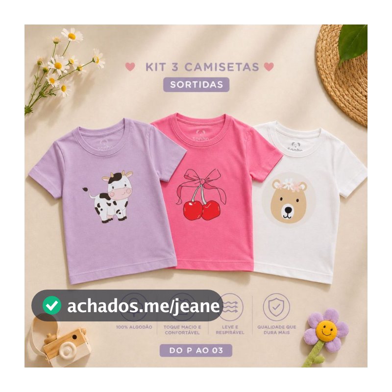 Kit 03 Camisetas Estampadas Meia Malha 100% Algodão Meninas