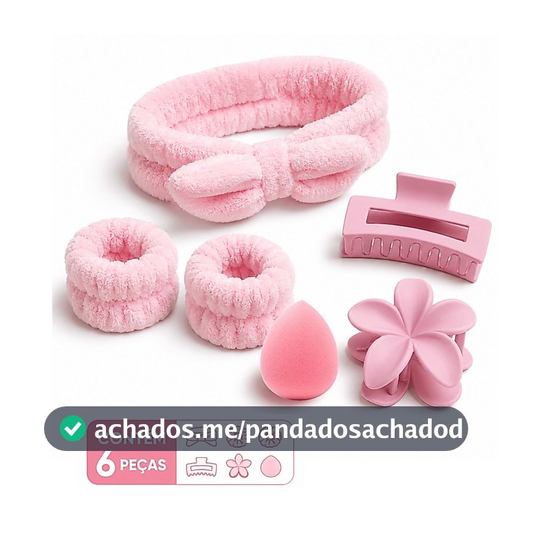Kit 6 Peças Acessórios de Skincare Feminino Maquiagem Tiara Faixa de Pulso Presilha de Flor