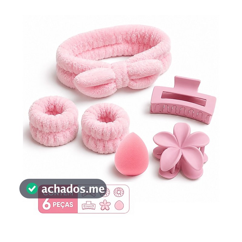 Kit 6 Peças Acessórios de Skincare Feminino Maquiagem Tiara Faixa de Pulso Presilha de Flor
