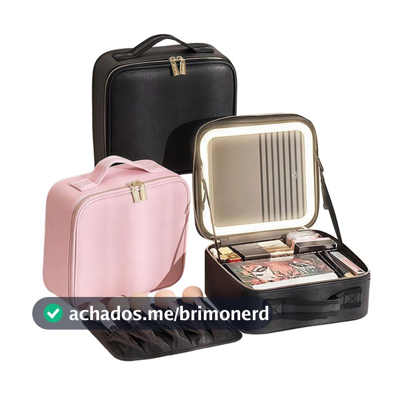 Maleta de Maquiagem com Espelho e Luz LED Organizador com Divisórias Ajustáveis Portátil para Viagem