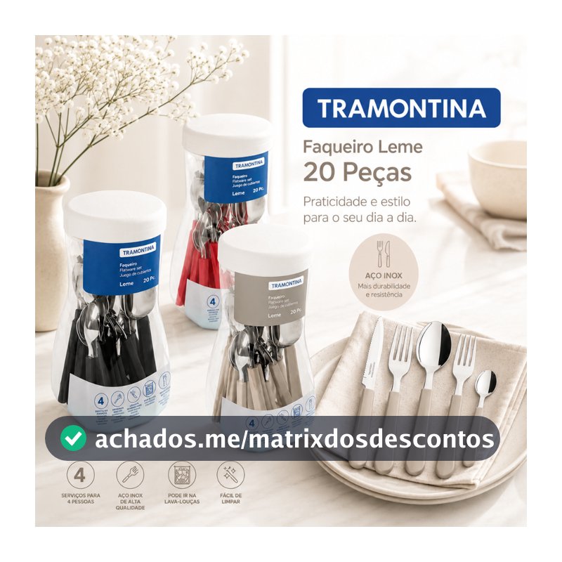 Faqueiro Tramontina Original Leme 20 peças com Lâminas em Aço Inox e Cabos de Polipropileno Vermelho Preto Cinza