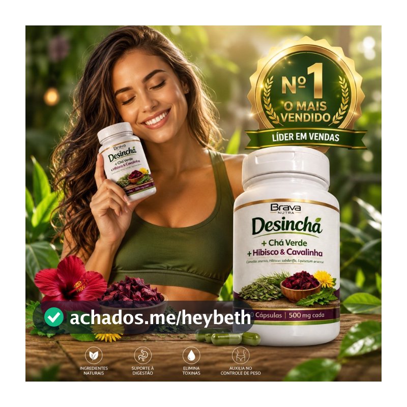 Chá Natural Brava Nutra | Chá Verde + Hibisco + Cavalinha | Reduz Inchaço | 60 Cápsulas