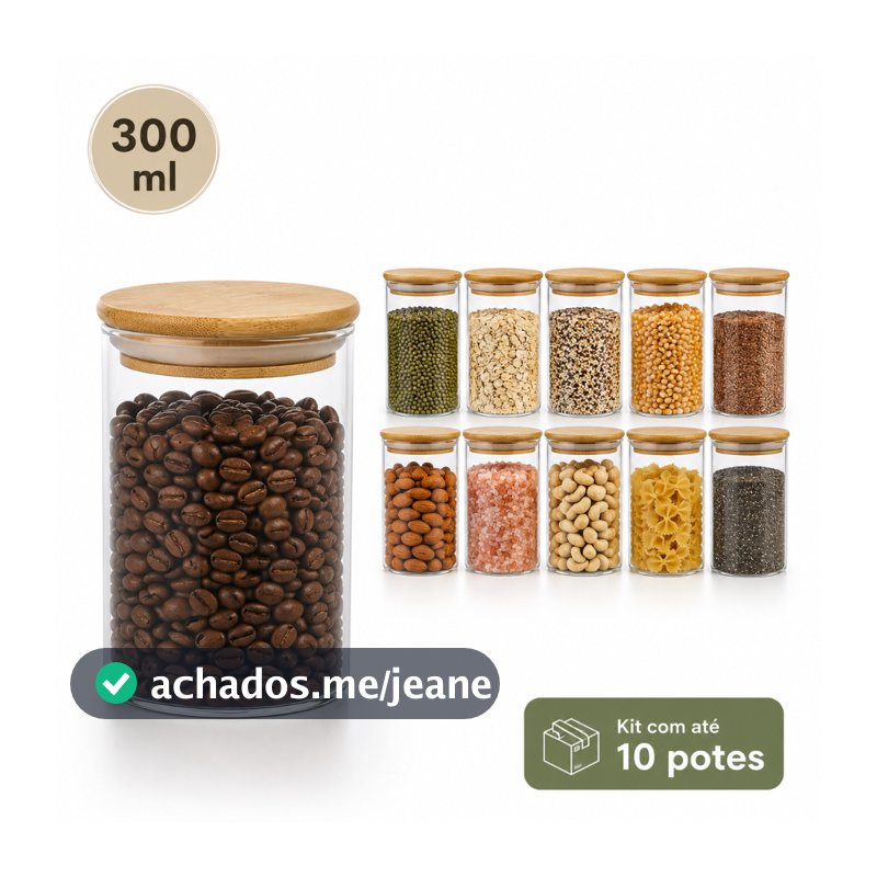 Pote Hermético 300 ml de Vidro Tampa Bambu Organizador Cozinha Mantimentos Temperos Grãos Cereais