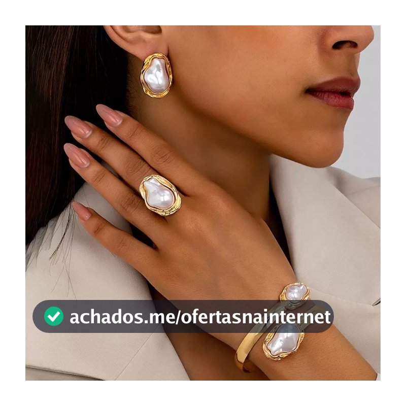 Kit 4 Peças Feminino Brincos Anel e Bracelete com Pedra Estilo Pérola banhado Ouro 18K e Prata925
