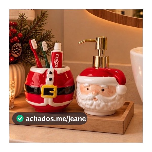 2 em 1 — Dispenser e Pote Para Lavabo em Porcelana Porta Sabonete Líquido de Natal Design Papai Noel