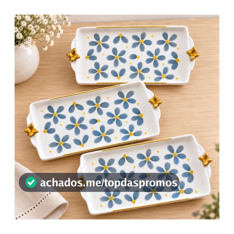 Conjunto de Travessas Bandejas de Porcelana 3 Peças Flores Azuis Pintadas à Mão Exclusivo
