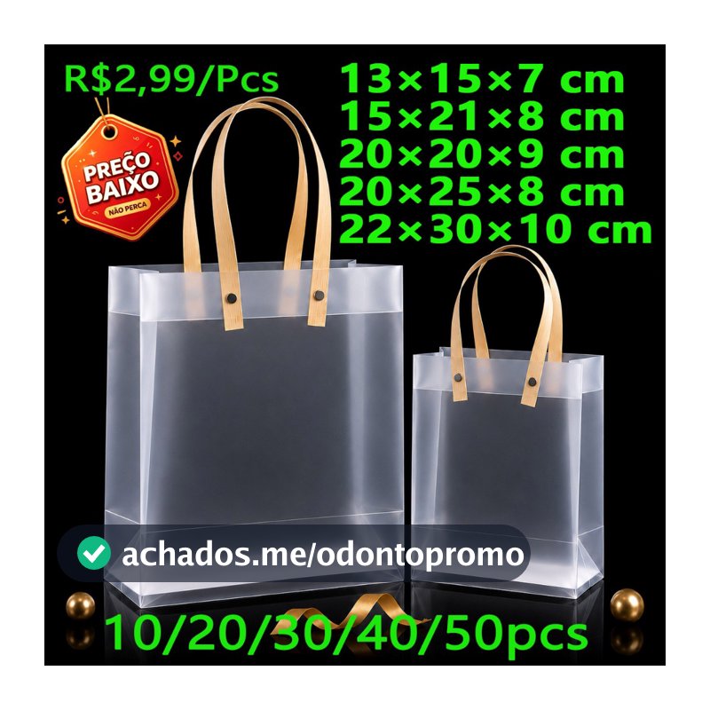 Kit10/20/30 Sacolas de Presentes Transparente Fosca Reforçada PP com Alça Fibra Adequado para Lanches Artesanais Bebidas