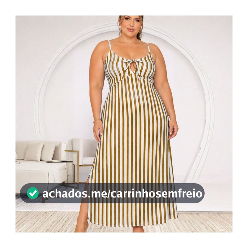Vestido Longo Feminino Plus Size Listrado com Fenda Lateral Bojo e Elastex nas Costas Alça Regulável