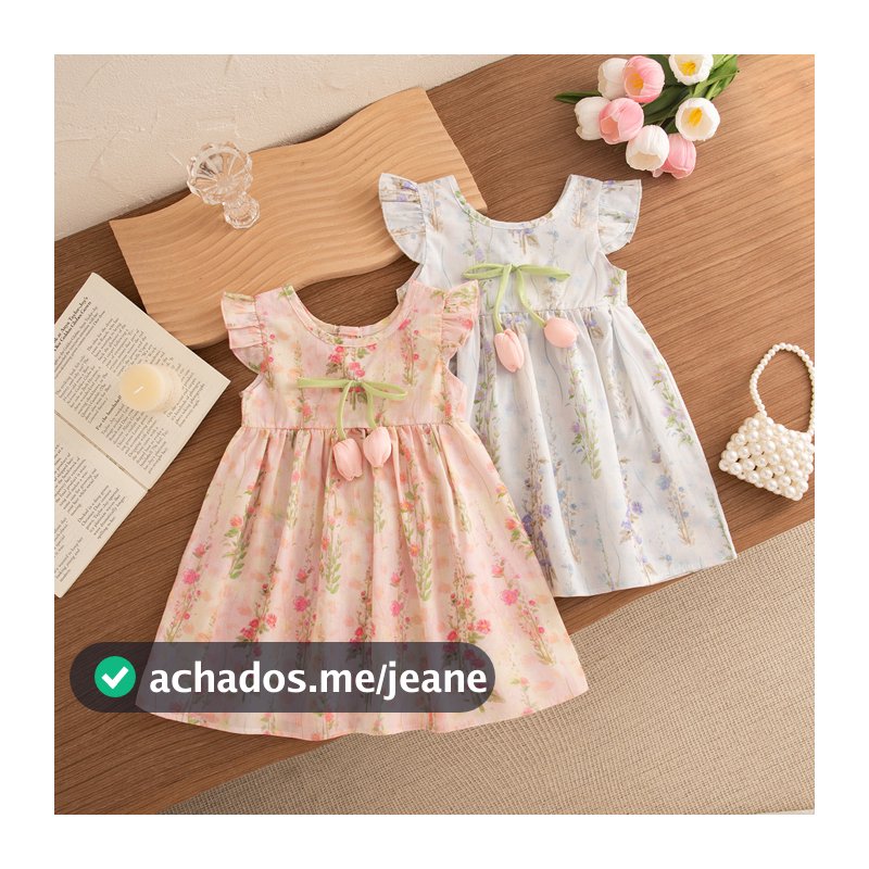 Verão Nova Flor Impressa Vestido De Algodão Para Menina Tulipa Arco Bebê Roupa Coreana
