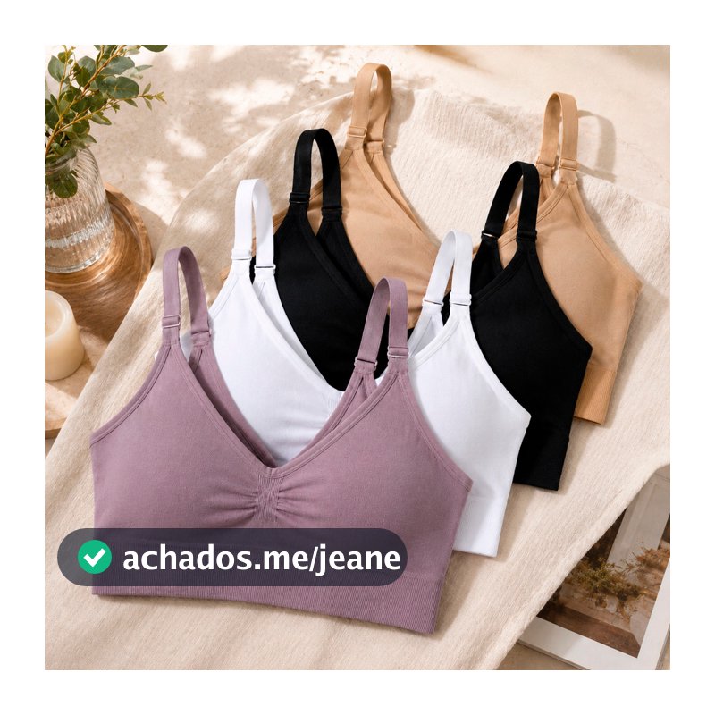 Kit com 4 Tops Sutiã Feminino Sem Costura Alça Fina Canelado com Bojo Removível