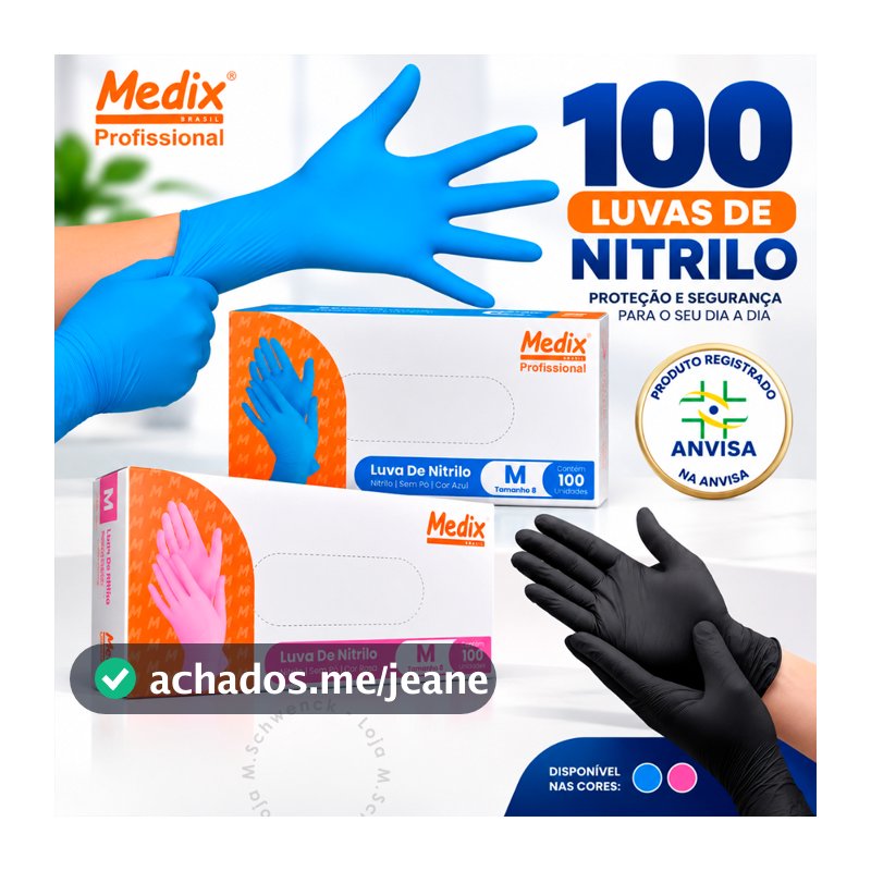 Kit 100 Luva Nitrílica Descartável Sem Pó Material Nitrilo Resistente Antialérgica Descartáveis Selo Anvisa Marca Medix